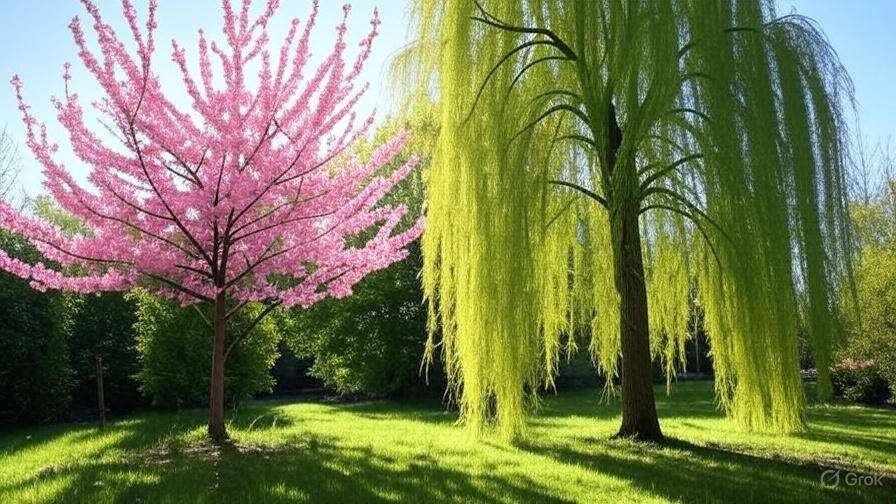 A vibrant pink cherry blossom tree stands next to a lush green weeping willow in a sunlit garden.