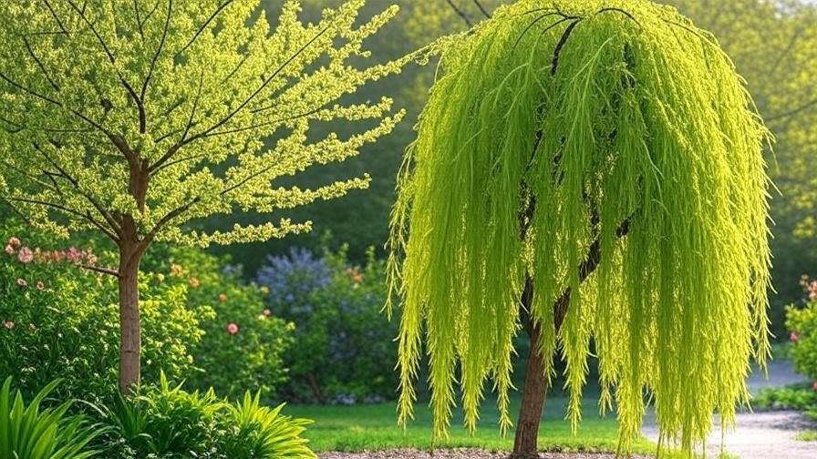 A vibrant green willow tree enhances the beauty of a peaceful garden scene