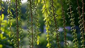 Close-up of slender, spiral green vines hanging vertically against a blurred nature backdrop, showcasing a vibrant, lush environment.