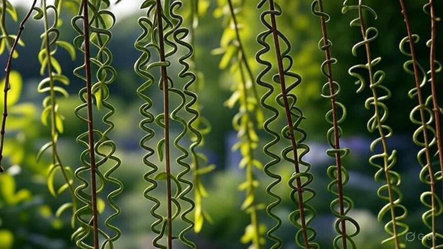 Close-up of slender, spiral green vines hanging vertically against a blurred nature backdrop, showcasing a vibrant, lush environment.