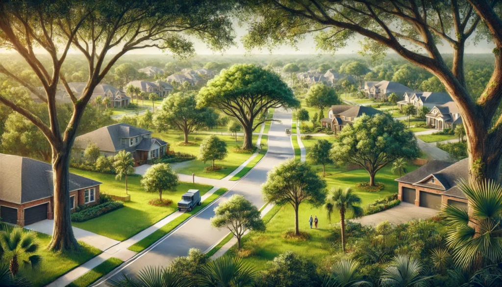Aerial view of a suburban neighborhood with lush greenery, tree-lined streets, and homes, capturing a serene, sunny day.