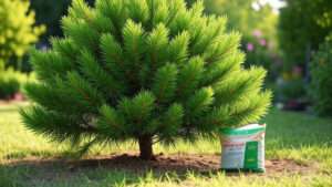 A lush green pine tree stands in a garden, beside a bag of fertilizer labeled "Granular." Sunlight filters through the leaves.