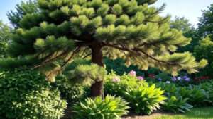 A lush pine tree with cascading branches surrounded by vibrant green plants and colorful flowers in a serene garden setting.