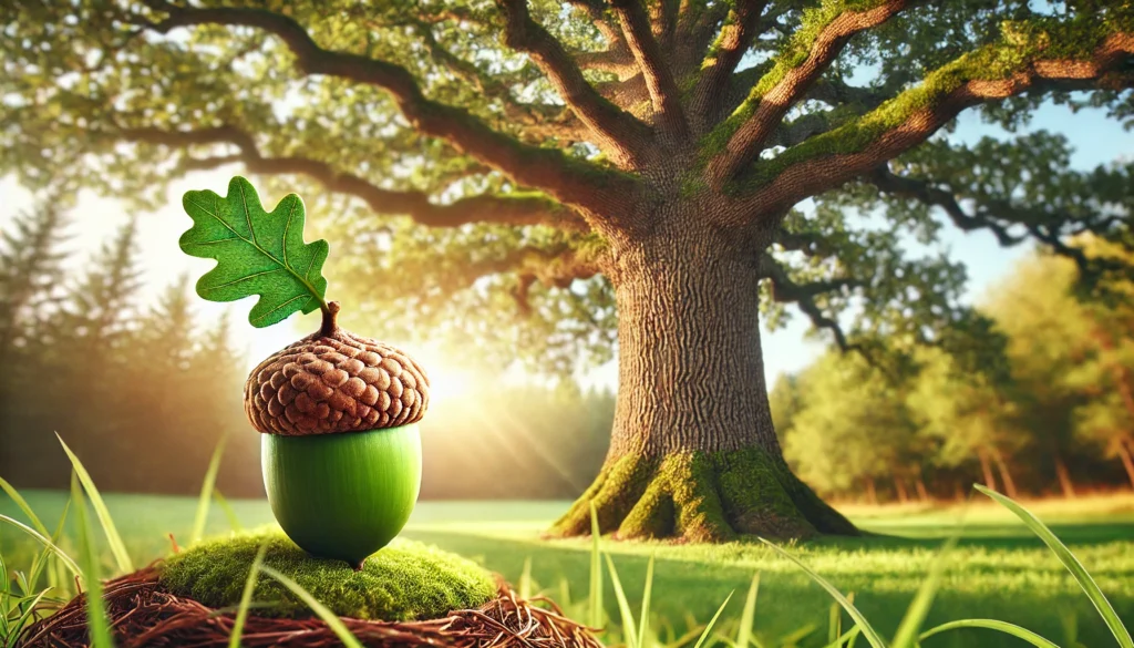 A vibrant green acorn with a leaf sits on moss in front of a large oak tree, bathed in warm sunlight in a lush forest setting.