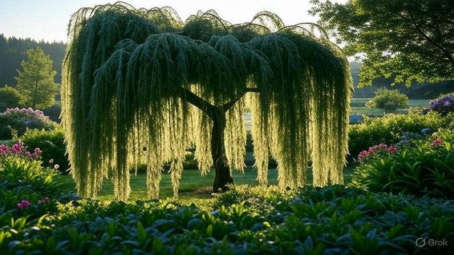 A lush, cascading willow tree stands center stage, surrounded by vibrant flowers and greenery in a serene landscape.