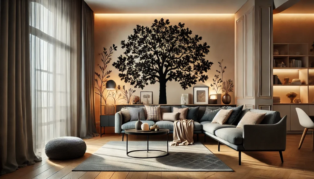 A cozy living room featuring a large black tree mural, soft gray sofa, warm lighting, and elegant decor, exuding a modern, inviting ambiance.