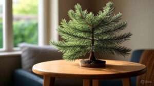 A small, realistic artificial pine tree sits on a wooden table in a warmly lit room, with a blurred couch in the background.