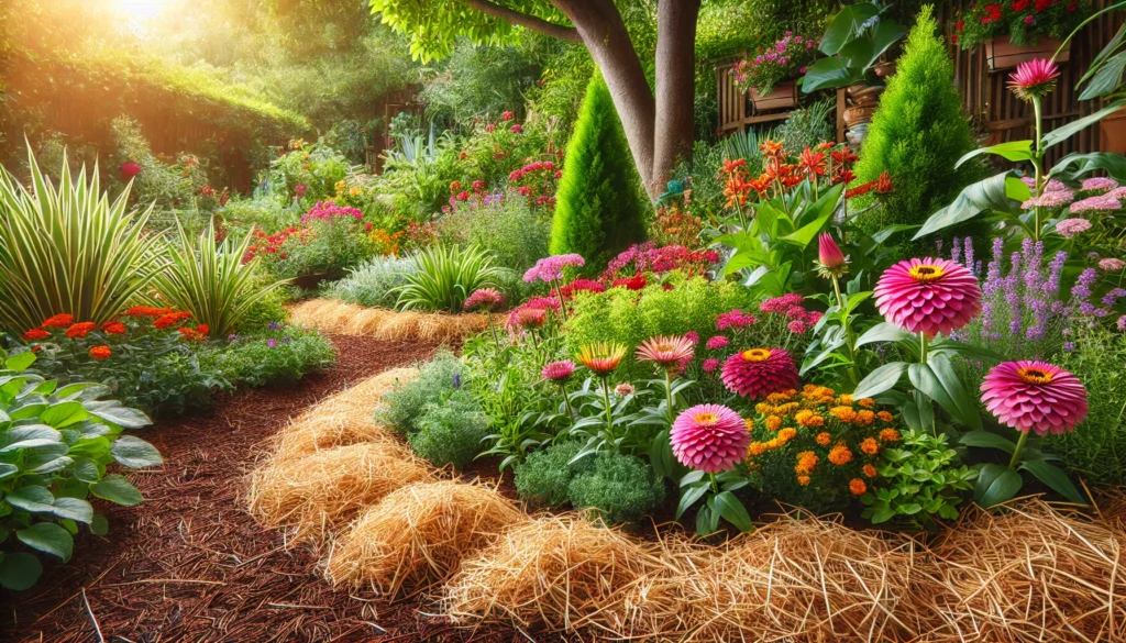 A vibrant garden path filled with colorful flowers and greenery, bordered by straw, basking in warm sunlight.