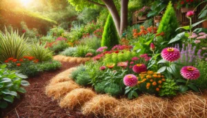 A vibrant garden path filled with colorful flowers and greenery, bordered by straw, basking in warm sunlight.
