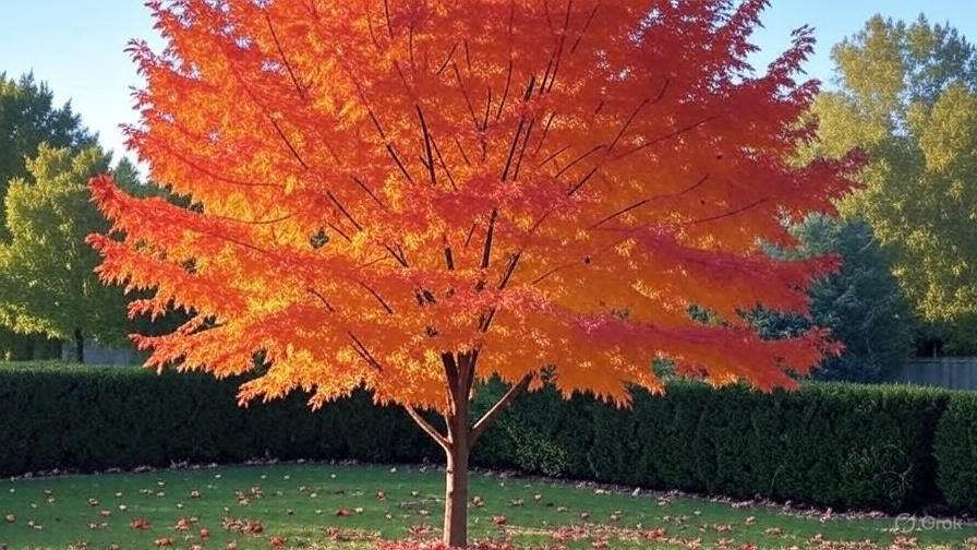 A vibrant orange maple tree stands in a green lawn surrounded by hedges, showcasing stunning autumn foliage.