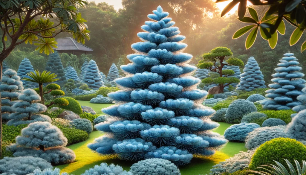 A serene garden featuring stylized blue conifer trees and lush greenery, bathed in warm sunlight and surrounded by soft, rounded shrubs.