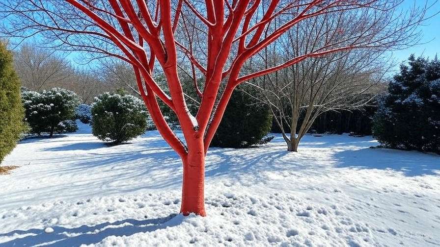 A vibrant red tree stands out against a snowy landscape, surrounded by green bushes under a clear blue sky.