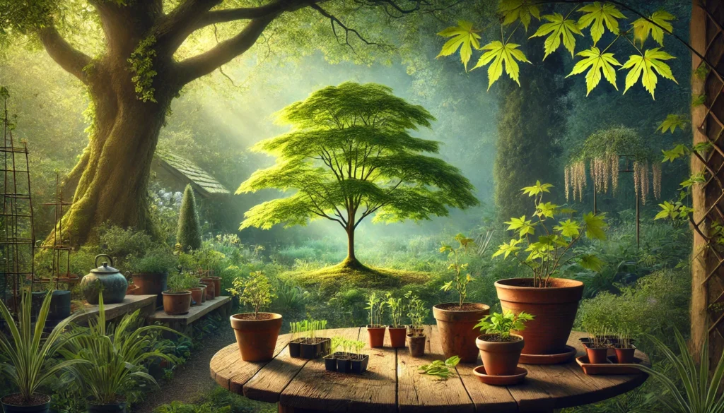 A tranquil garden scene with a vibrant tree, potted plants on a wooden table, surrounded by lush greenery and soft sunlight filtering through.