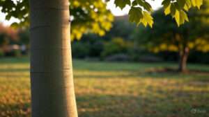 A close-up of a smooth tree trunk with vibrant green leaves, set against a softly lit grassy park in the background.