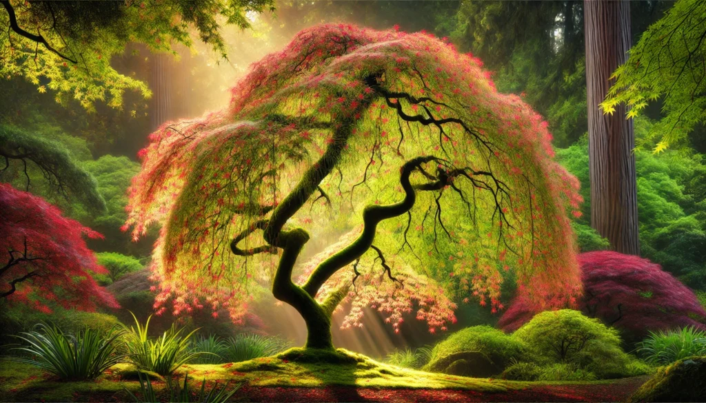 A vibrant, ancient tree with twisting branches adorned in pink leaves, surrounded by lush greenery and dappled sunlight in a serene forest.