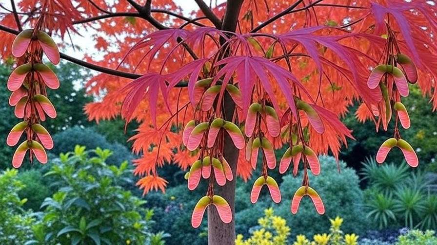 Vibrant red-purple leaves and unique green and pink winged seeds hang from a tree, set against a lush garden backdrop.