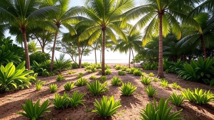 Lush tropical scene with palm trees and green foliage, leading to a serene beach under bright sunlight.