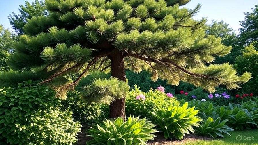 A lush pine tree with cascading branches surrounded by vibrant green plants and colorful flowers in a serene garden setting.