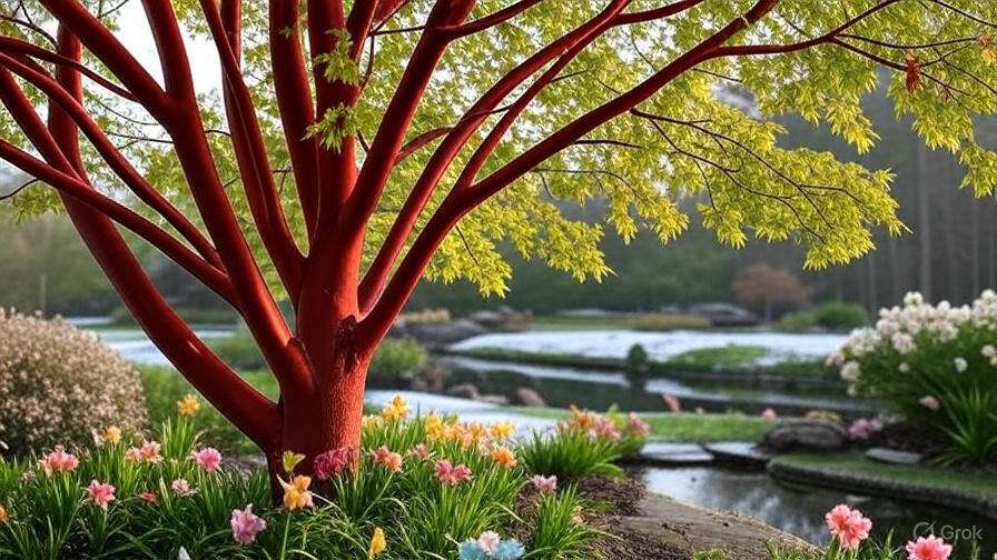 A vibrant red tree stands amidst colorful flowers and a serene pond, creating a peaceful and picturesque garden scene.