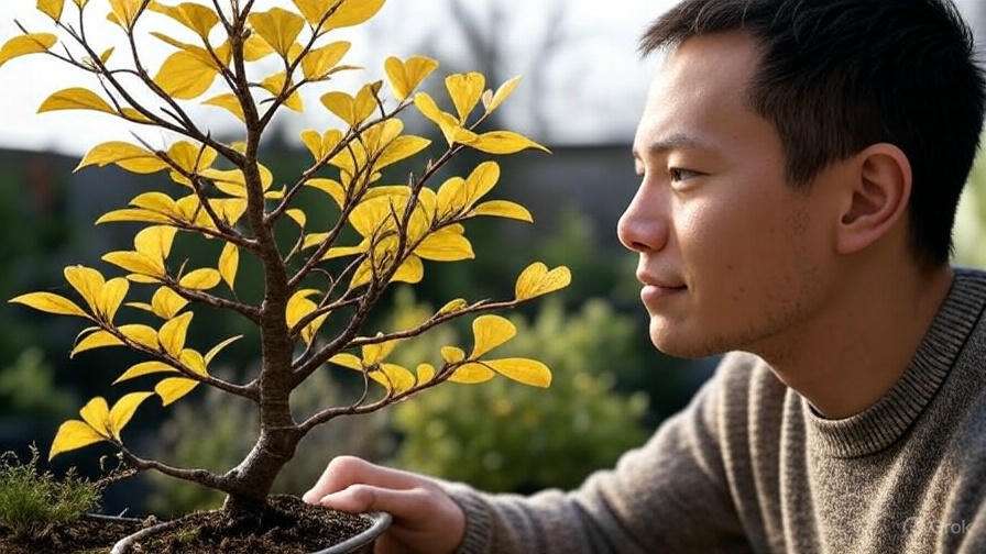 A person admires a small bonsai tree with vibrant yellow leaves, set against a blurred garden background.