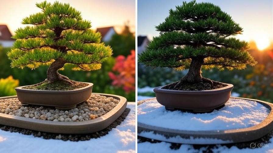 Split image of a bonsai tree: left in a gravel pot with a warm sunset, right in a snowy pot with a golden sunrise behind. Peaceful and serene.