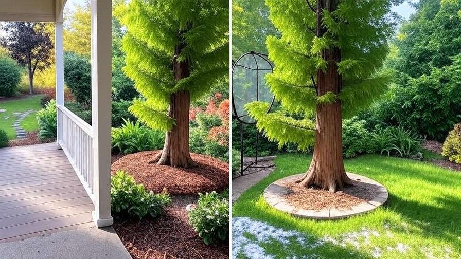 A serene garden scene featuring a towering green tree, surrounded by mulch, plants, and a well-manicured lawn under soft sunlight.