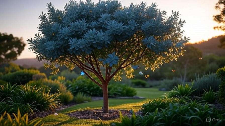 A blue eucalyptus tree in a garden glows under the warm hues of a sunset.