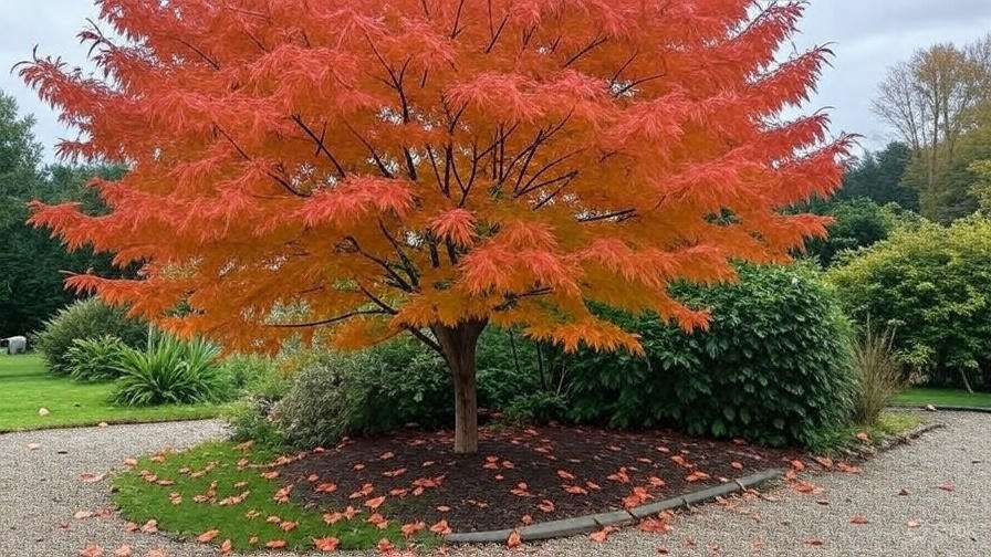 A vibrant orange maple tree stands in a garden, surrounded by green foliage and scattered autumn leaves on the ground.