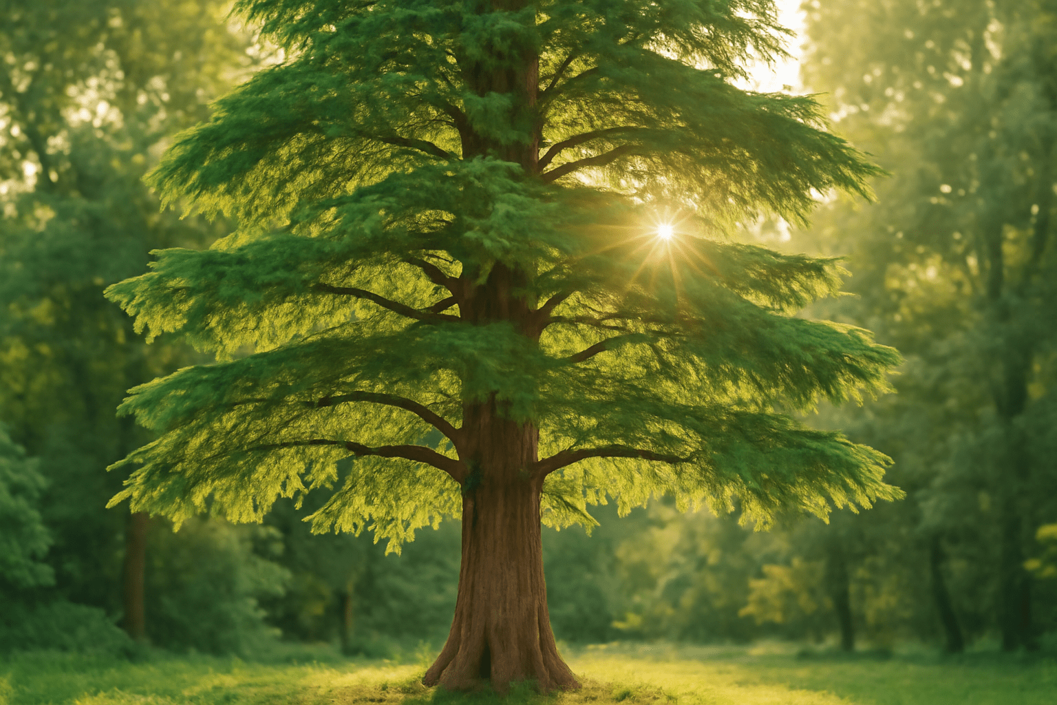 A majestic tree with lush green foliage stands in a sunlit forest. Sunlight filters through the branches, creating a serene, peaceful atmosphere.
