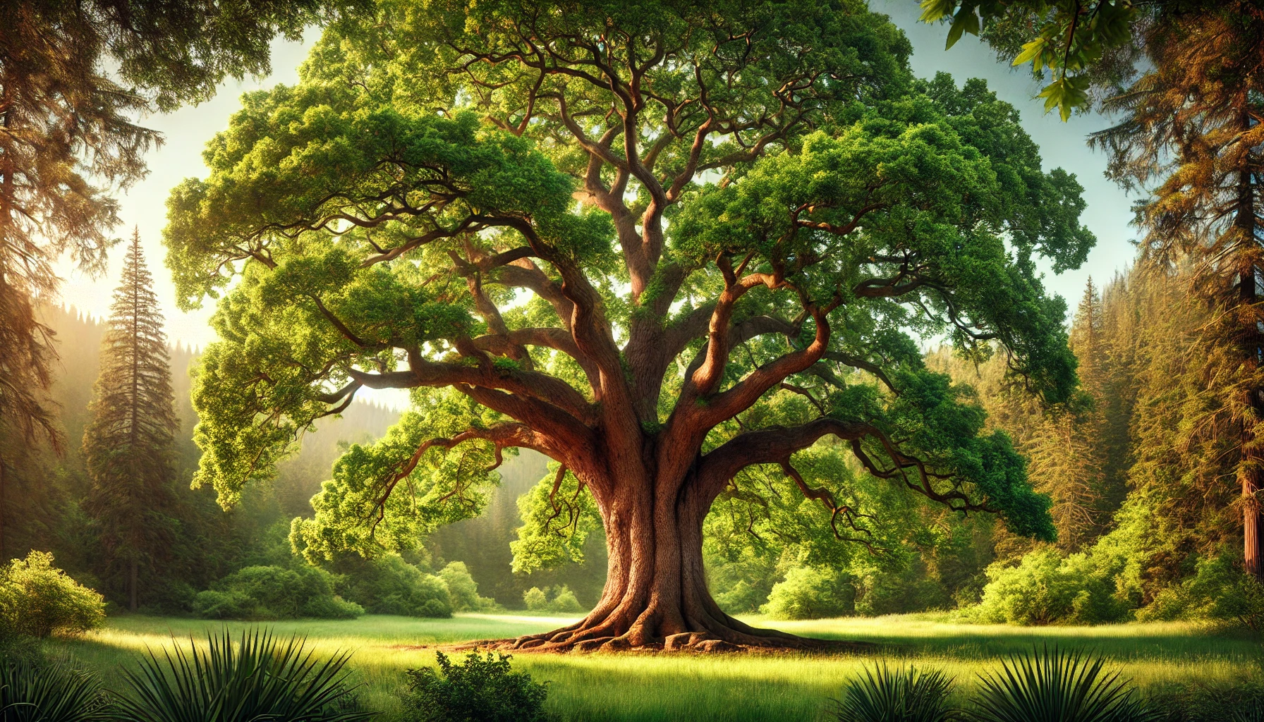 A majestic, sprawling tree with vibrant green foliage stands in a sunlit meadow, surrounded by dense forest and lush greenery.