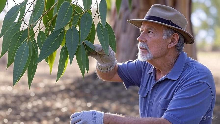 An older man gazes thoughtfully at a large tree in a serene outdoor setting.