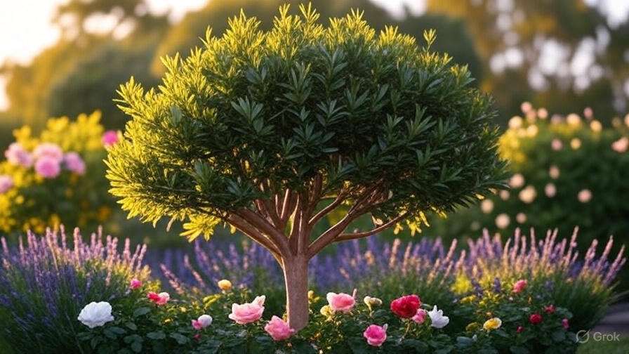 A tree stands in a garden filled with blooming flowers and diverse plants, creating a serene natural scene.