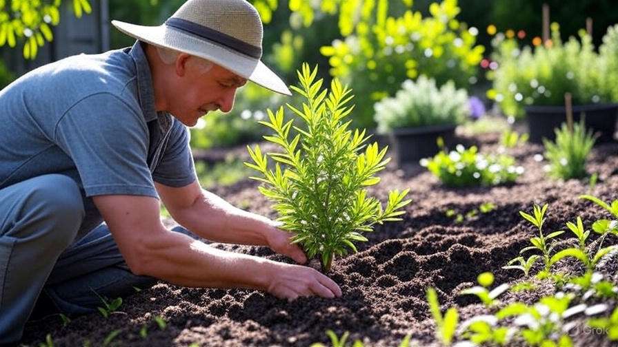 A man with a hat is carefully planting a tree, symbolizing growth and environmental care. 