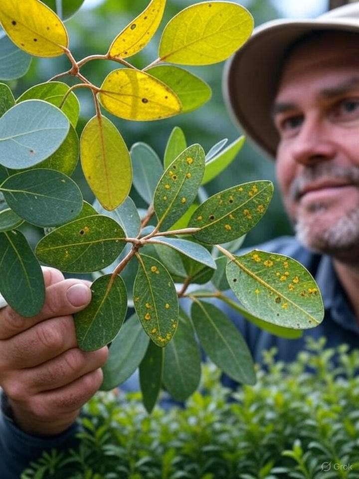 A man holds a leaf with distinctive yellow spots, showcasing its unique coloration and texture.