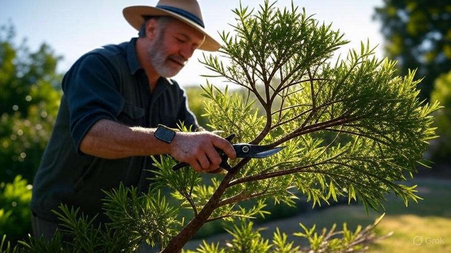 A man wearing a hat trims a tree using a pair of scissors in a garden setting.