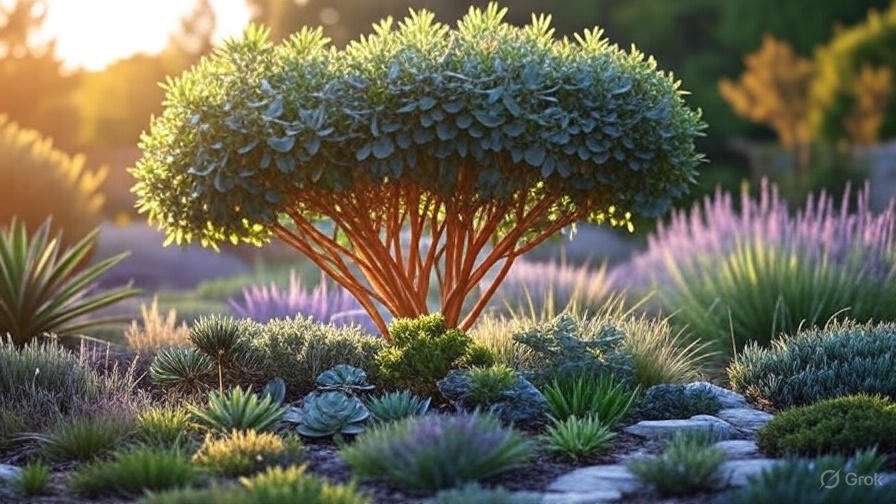 A picturesque garden featuring an array of plants and trees, creating a serene and inviting natural landscape.