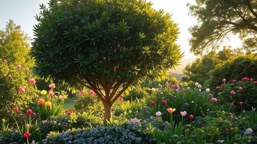 A lush garden abundant with diverse flowers and trees, offering a tranquil and colorful outdoor space.
