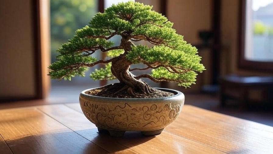 A lush bonsai tree with a twisted trunk in an ornate pot sits on a wooden table. Sunlight filters through a window, creating a serene, peaceful scene.