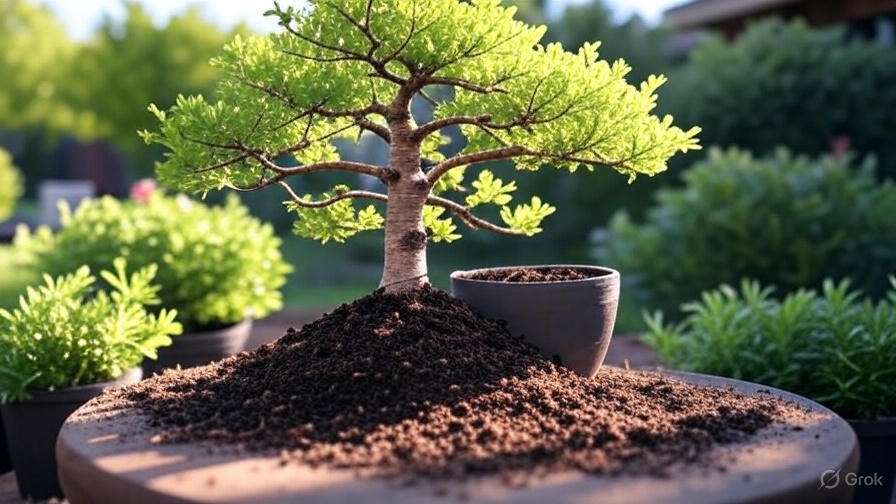 A vibrant bonsai tree sits atop a mound of soil, with a small pot beside it and lush greenery in the background, basking in sunlight.