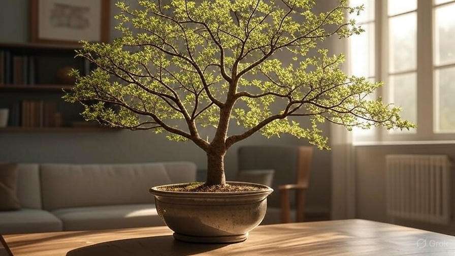A vibrant bonsai tree with bright green leaves sits in a ceramic pot on a table, illuminated by soft sunlight in a cozy room.