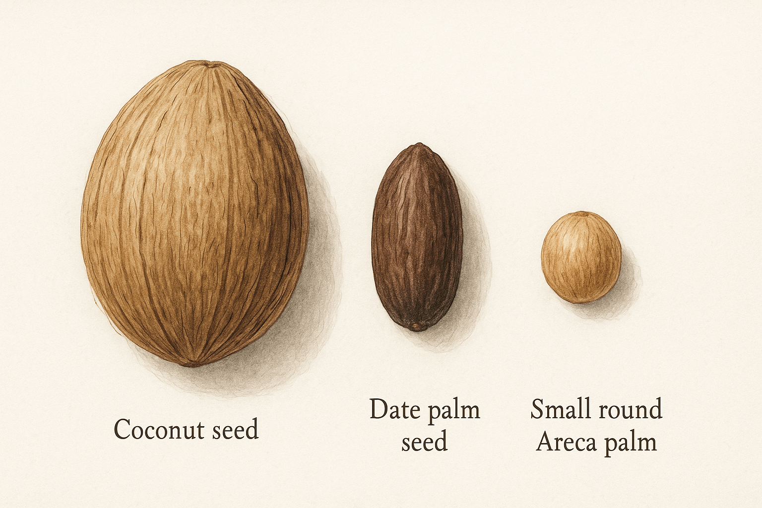Illustration comparing the sizes of coconut seed, date palm seed, and small round areca palm seed, labeled beneath each seed.