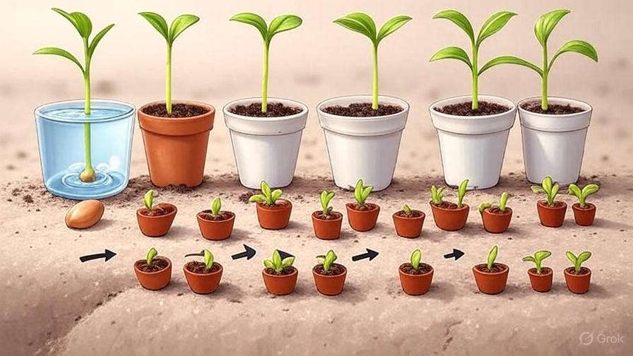 Illustration of plant growth stages: seed, sprout in water, potted plants, and seedlings in small pots, emphasizing nurturing process.