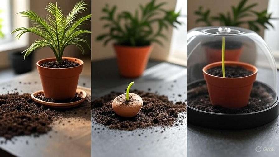 three separate pictures featuring different types of plants in decorative pots, arranged artistically on a light background.