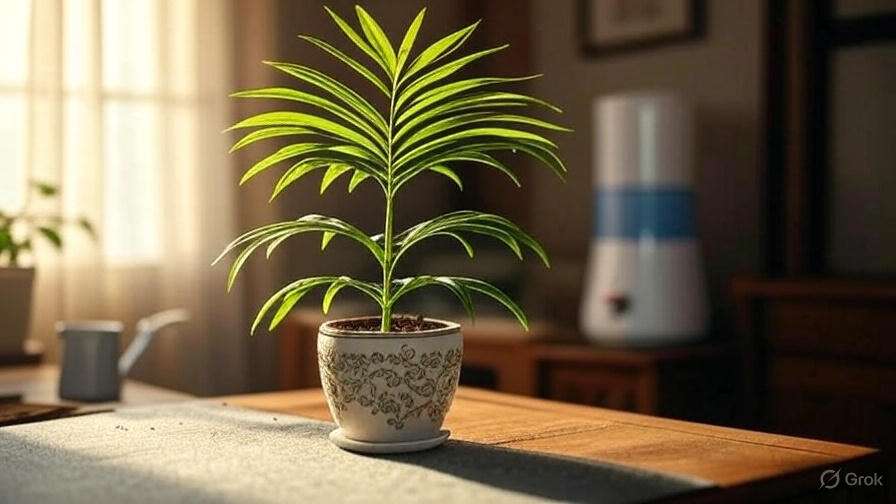 A potted plant rests on a table, showcasing vibrant leaves and enhancing the room's decor.