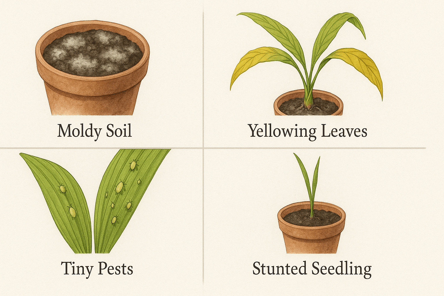 Illustration of four plant issues: moldy soil, yellowing leaves, tiny pests on leaves, and a stunted seedling in pots.