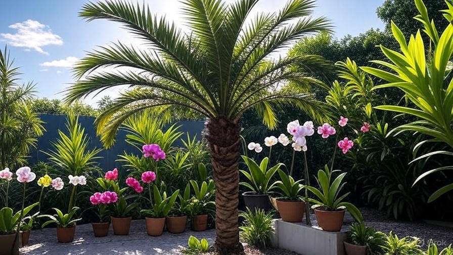 A lush garden featuring a tall palm tree surrounded by vibrant orchids in pots, with bright greenery and a sunny sky in the background. 