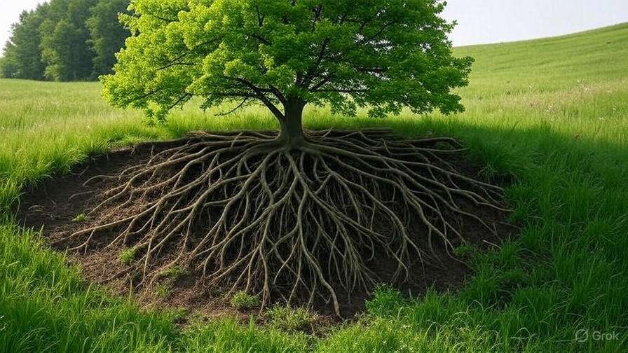A vibrant green tree stands atop a large, exposed root system in a lush grassy field, showcasing nature's resilience and beauty.