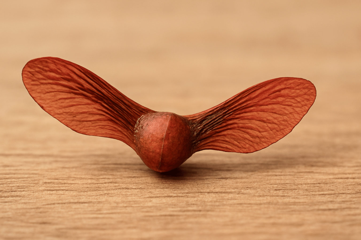 A close-up of a shiny, reddish-brown seed with two wide, papery wings, resting on a textured wooden surface.