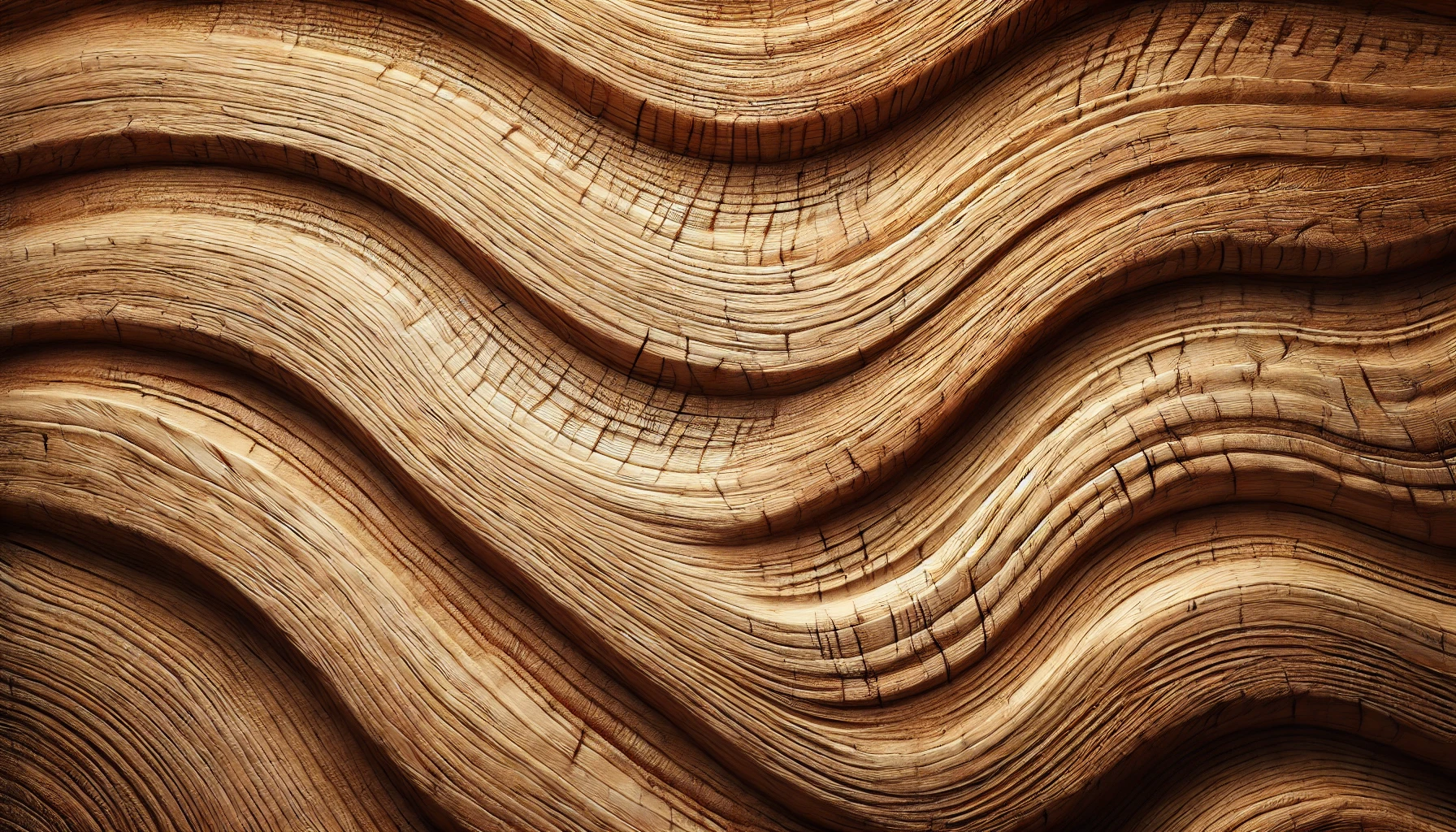 Close-up of wavy, textured wood grain, showcasing intricate lines and cracks in warm, natural tones.