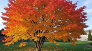 A vibrant maple tree displaying brilliant shades of orange and red leaves against a green lawn under a clear sky.